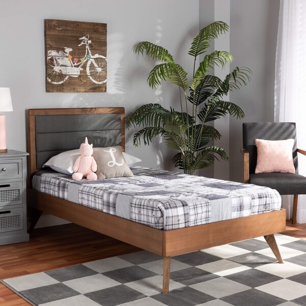 Baxton Studio Linn Mid-Century Dark Grey Fabric Upholstered and Walnut Brown Finished Wood Platform Bed-Twin 191-11534-11159-ZORO - main